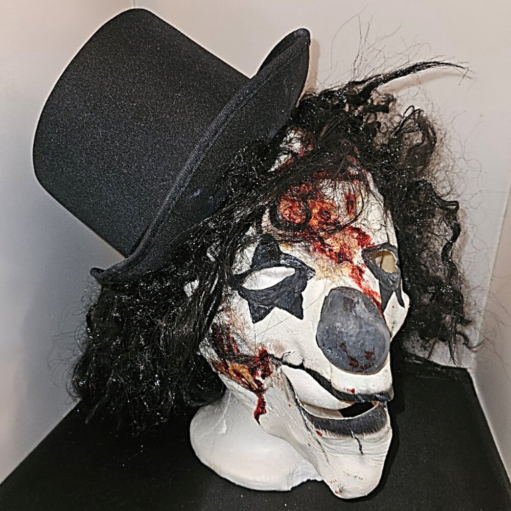 Creepy Black White Clown Mask w Top Hat & Hair ~ Halloween ~ Adult